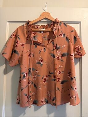 Anthropologie Peach Floral Ruffle Tie-Neck Blouse